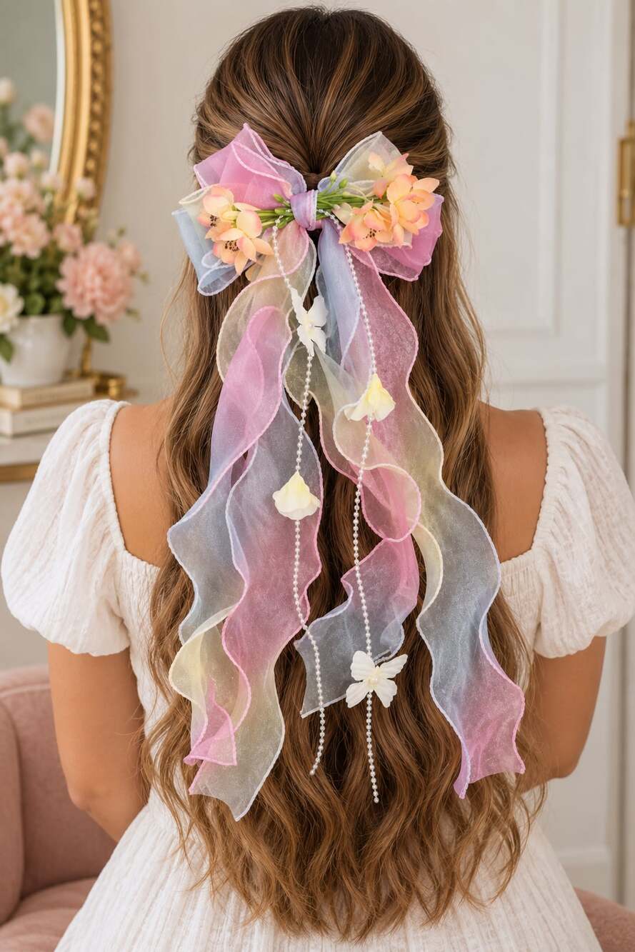 Coquette Fairycore Oversized Pastel Floral Organza Long Tail Hair Bow